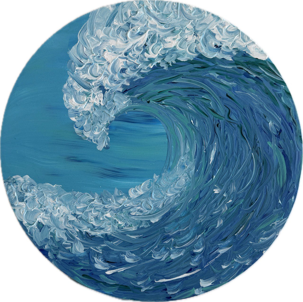 A circular painting of a curling ocean wave in layered blues with white foam, tightly composed inside a round frame.